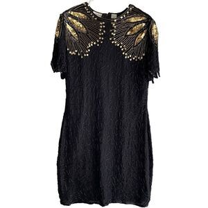 Vtg Denise Elle Womens Silk Cocktail Dress PL Black Gold Beaded Sequin New Years